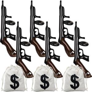 9 Pcs Inflatable Gun Props Canvas Money Pouch Set Party Decorating Money Bag with Drawstring Closure Inflatable Gun, 1920s Cosplay Theme Party Birthday Decorating Outdoor Sports Game Toy Supplies