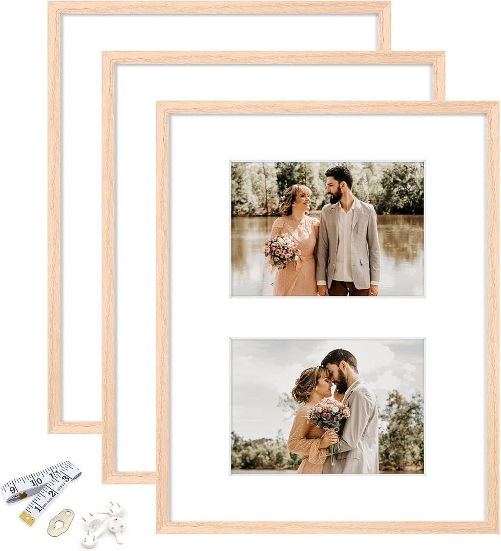 11x14 Picture Frame, OAK Wood Photo Frame 8x10 with Mat or 5x7 with 2 Mat with Perspex Glass for Vertical or Horizontal Tabletop Wall Display for Photo, Painting, Poster, Set of 3