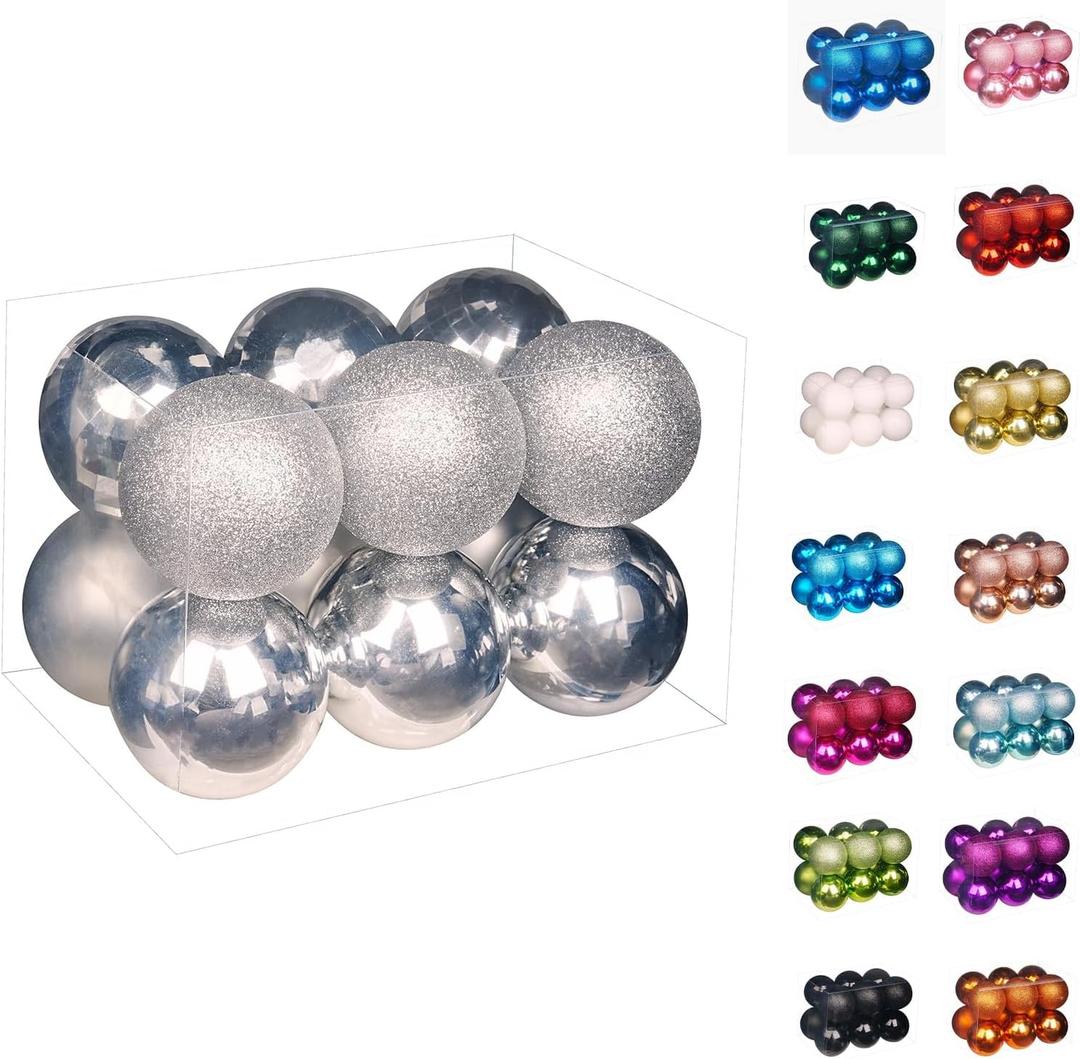 Emopeak 12Pcs Christmas Balls Ornaments for Xmas Christmas Tree - 4 Style Shatterproof Christmas Tree Decorations Hanging Ball for Holiday Wedding Party Decoration (Silver, 3.2"/8CM)