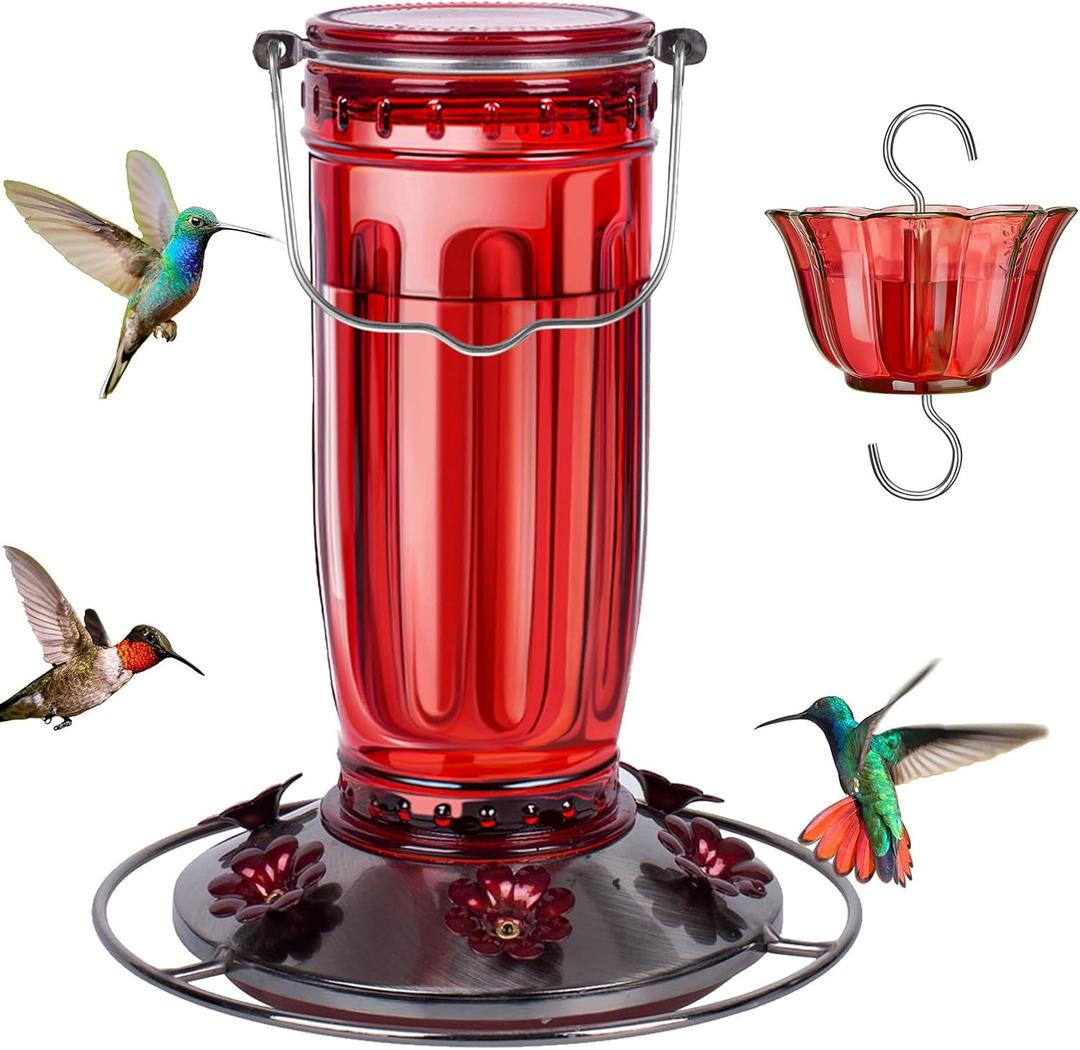 Kingsyard Glass Hummingbird Feeder for Outdoors Wild Bird Feeder with 6 Feeding Ports Hanging for Garden Yard, Red (Ant Moat Included)