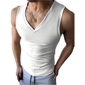OYOANGLE Men's V Neck Tank Top Slim Fitted Workout Gym Sleeveless Muscle Shirts Summer Undershirts (Medium, White)