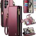Defencase Compatible with Samsung Galaxy S23 Ultra Case Wallet with RFID Blocking Card Holder for Women, PU Leather Magnetic Snap Flip Zipper Strap Phone Case Fit for Galaxy S23 Ultra 5G, Wine Red