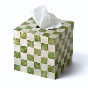 CHI AN HOME 5.7" Square Tissue Box Cover, Handmade Checkered Cube Tissue Box Cover with Capiz Shells, Decorative Tissue Holder for Living Room, Bathroom, Bedroom or Office (Pistachio Green)
