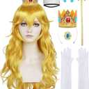 ANOGOL Hair Cap+ 28 Inch Princess Wig for Women Golden Long Wavy Wigs Peach Cosplay Wig Anime Synthetic Hair for Halloween Party Costume (1 Crown+ 1 Wand+ 2 Earrings+ 2 Gloves+ 1 Brooch)