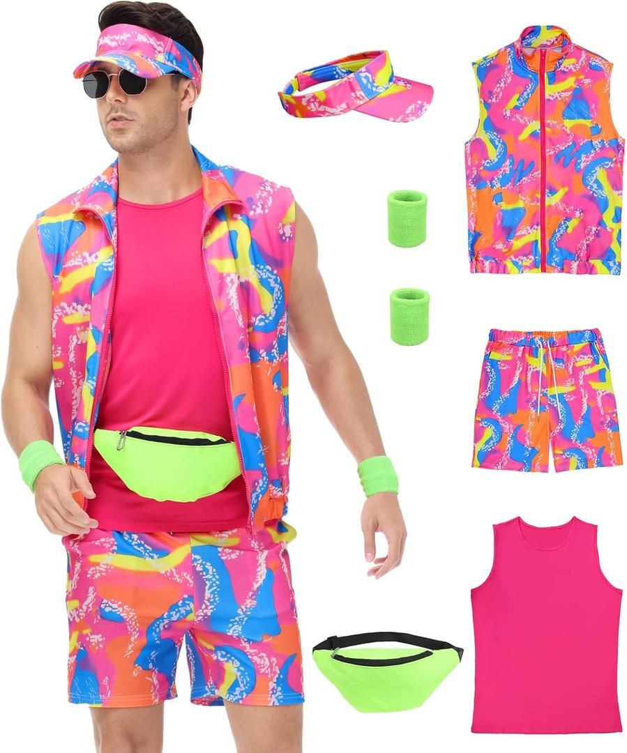 80s Workout Costume for Men - 80s 90s Outfit for Parties and Halloween Cosplay Couples Costume Set (X-Large, Pink)