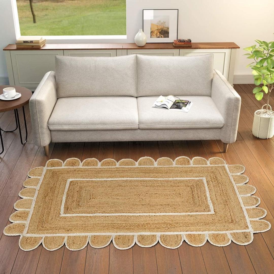 GRUHUM Scalloped Jute Area Rugs 9x12 ft Rectangular Natural Base White Trim Handwoven Boho Soft Braided Rustic Vintage EcoFriendly Rug- Farmhouse Indoor Living Room Bedroom Kitchen Hallways Home Décor