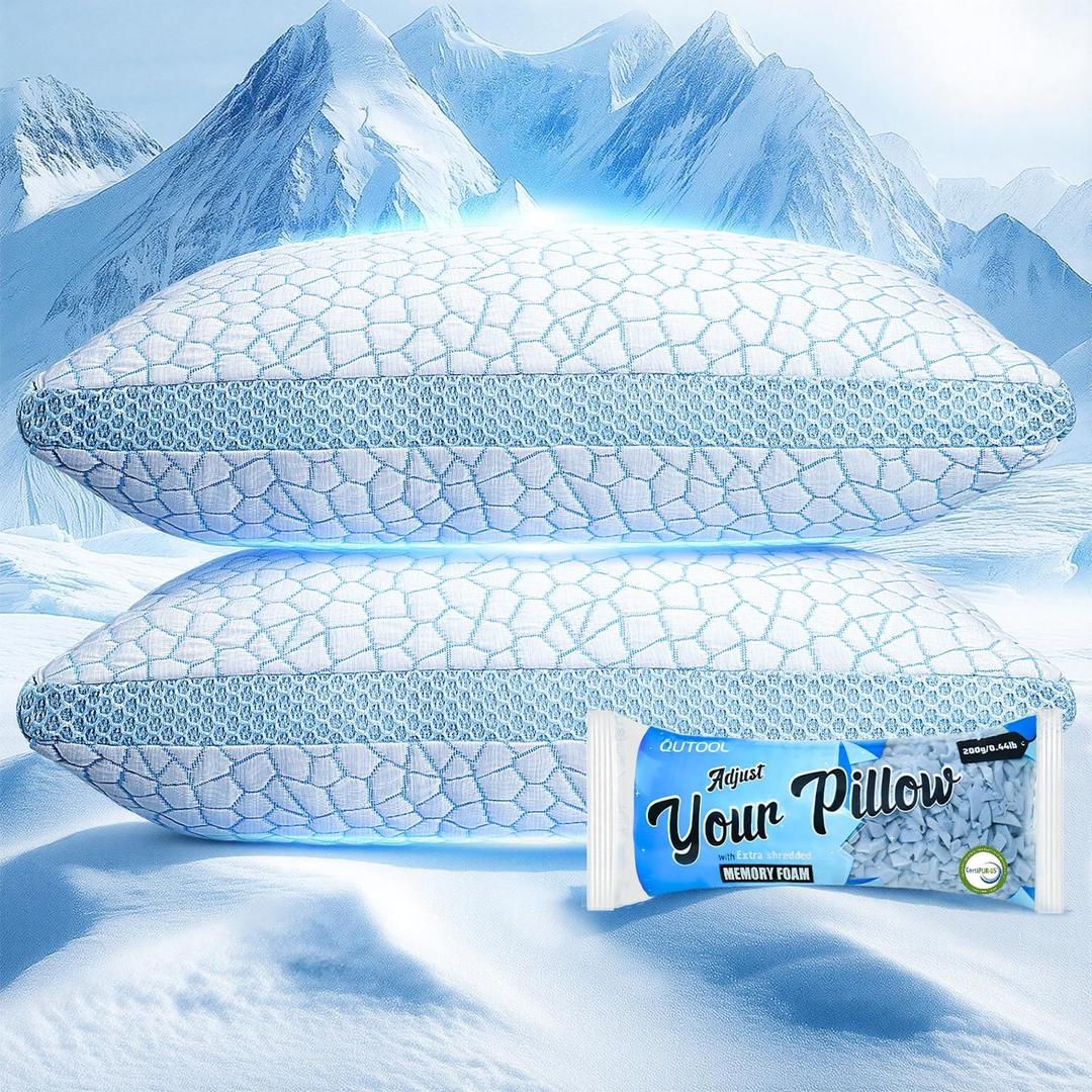 QUTOOL Double Sided Cooling Pillow for Hot Sleepers, Shredded Memory Foam Pillows King Size Set of 2, Adjustable Soft & Firm Gel Bed Pillow for Side, Back, Stomach Sleepers, King-20'*36'