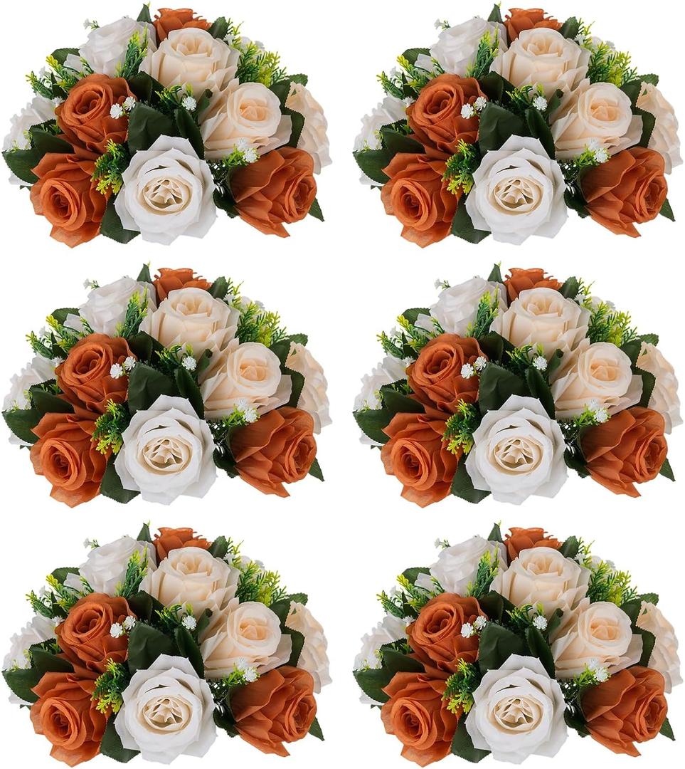 NUPTIO Terracotta Flower Ball Centerpieces: 6 Pcs Artificial Rose Kissing Balls for Wedding Party Tables - Faux Silk Floral Arrangements for Fall Home Thanksgiving Event Dining Decorations (Terracotta & Champagne & Creamy White)