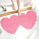Valentine Bathroom Rugs Double Heart Shaped Love Decorative Pink Chenille Shower Mat Non Slip Washable Front Door Mat for Home Living Room Bedroom Bathroom Decor, 31.5 x 15.7 Inch