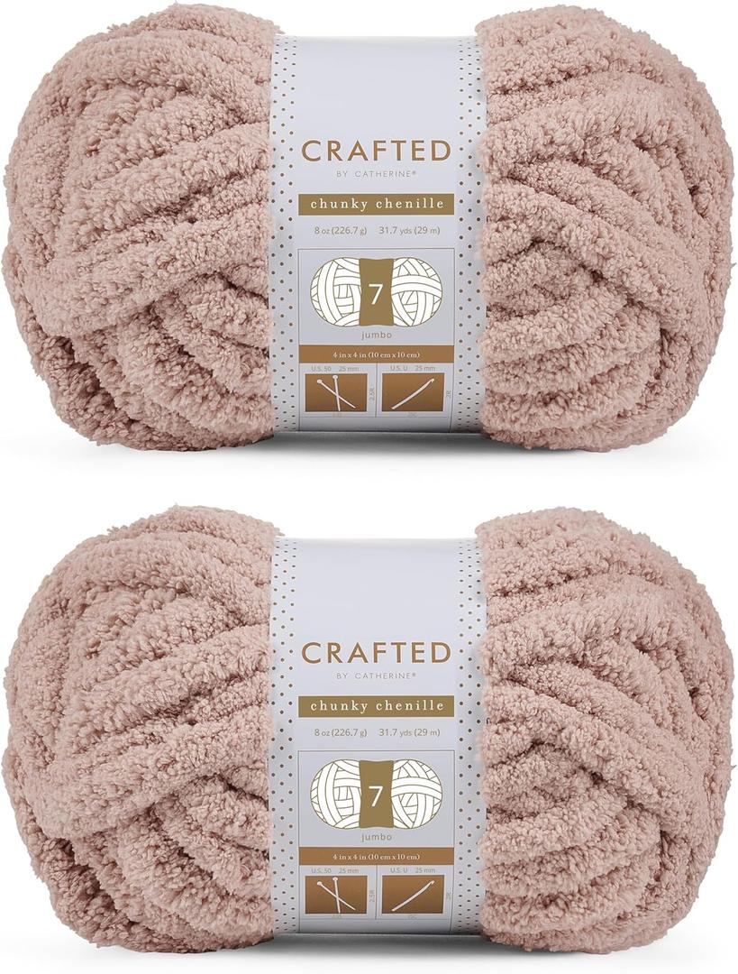 Crafted By Catherine Chunky Chenille Yarn - 2 Pack (8 oz / 227 g, 31.7 Yards Each Skein), Beige, Gauge 7 Jumbo