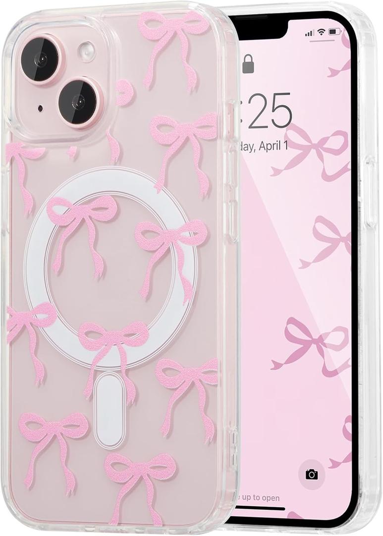 UEEBAI Magnetic for iPhone 15 Plus & iPhone 14 Plus Case, Bow Case Compatible with MagSafe, Wireless Slim Clear Ribbon Phone Cover Anti-Yellowing Shockproof Protective Cover for Women Girl- Pink | Magnetic, Wireless, Slim, Clear, Ribbon