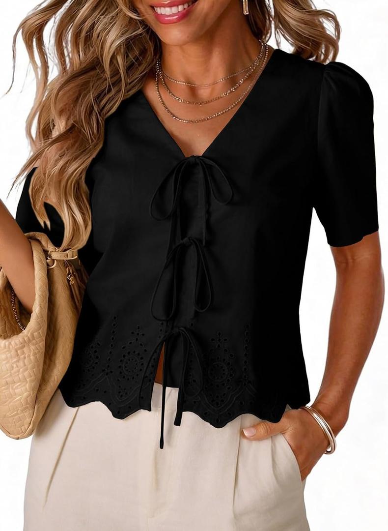 Dokotoo Womens Tie Front Tops Summer V-Neck Puff Short Sleeve Crop Tops Loose Fit Blouses Eyelet Embroidered Shirts