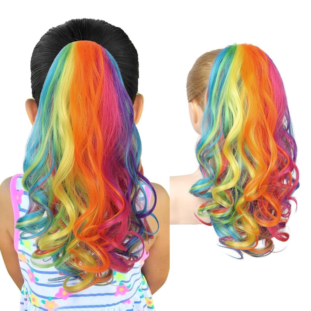 SEIKEA Ponytail Extension, 18" Lightweight Wavy Curly Clip in Pony Tails, Colored Hair Extensions for Kids, Crazy Hair Day Accessories for Girls Synthetic Hairpiece Bright Rainbow Color