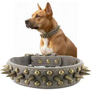 Spiked Studded Dog Collar-Bronze Pointed Stud Anti-Bite Collar (Grey,L) (Large (Pack of 1))