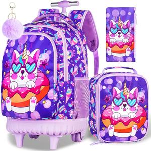 gxtvo 1PC Kids Rolling Backpack for Girls,Cute School Bag with Wheels,Water Resistant Roller Bookbag Set for Elementary Preschool - Purple Unicorn