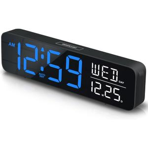 Peakeep Large Display Digital Alarm Clock for Bedrooms, Date Day of Week Temp Desk Table Clocks for Living Room Office, Dimmable Plug in Electric Clock, 5 Volumes, Loud, Auto DST (Blue and White)