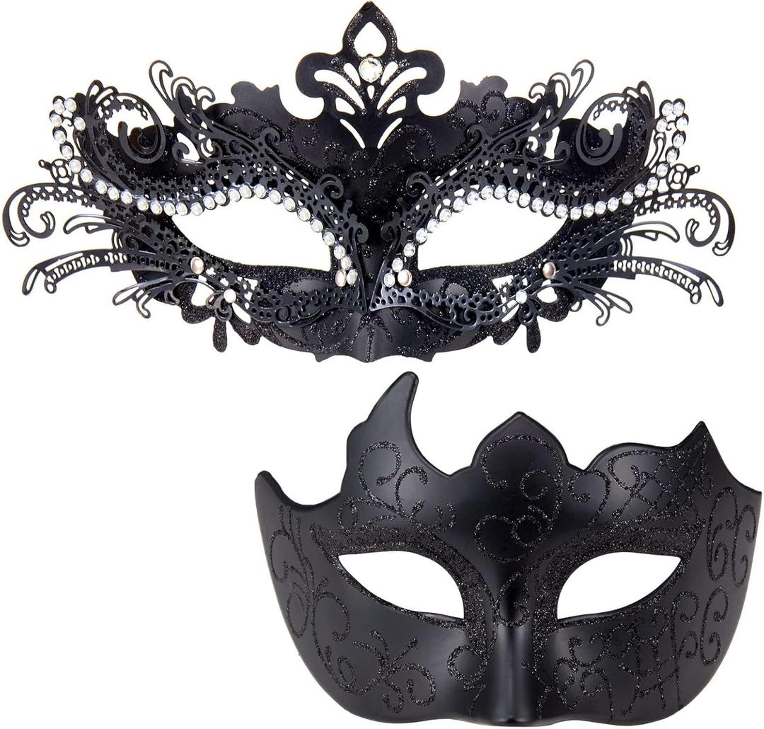2025 Masquerade Masks for Couples, Shiny Rhinestone Metal Filigree Venetian Mask & Mens Venetian Mask for Mardi Gras (Black)