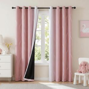 MYSKY HOME Pink and Greyish White 95% Blackout Ombre Curtains 90 inch Long 2 Panels for Girls Bedroom Geometric Pattern Black Out Thermal Insulated Wave Line Foil Print Grommet Window Curtains, 52" W