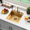 15x15 Inch Gold Drop In Bar Sink, Single Bowl Top Mount Handmade Wet Bar Prep RV Sink, 18 Guage Stainless Steel Outdoor Small Kitchen Sinks with Drain Strainer