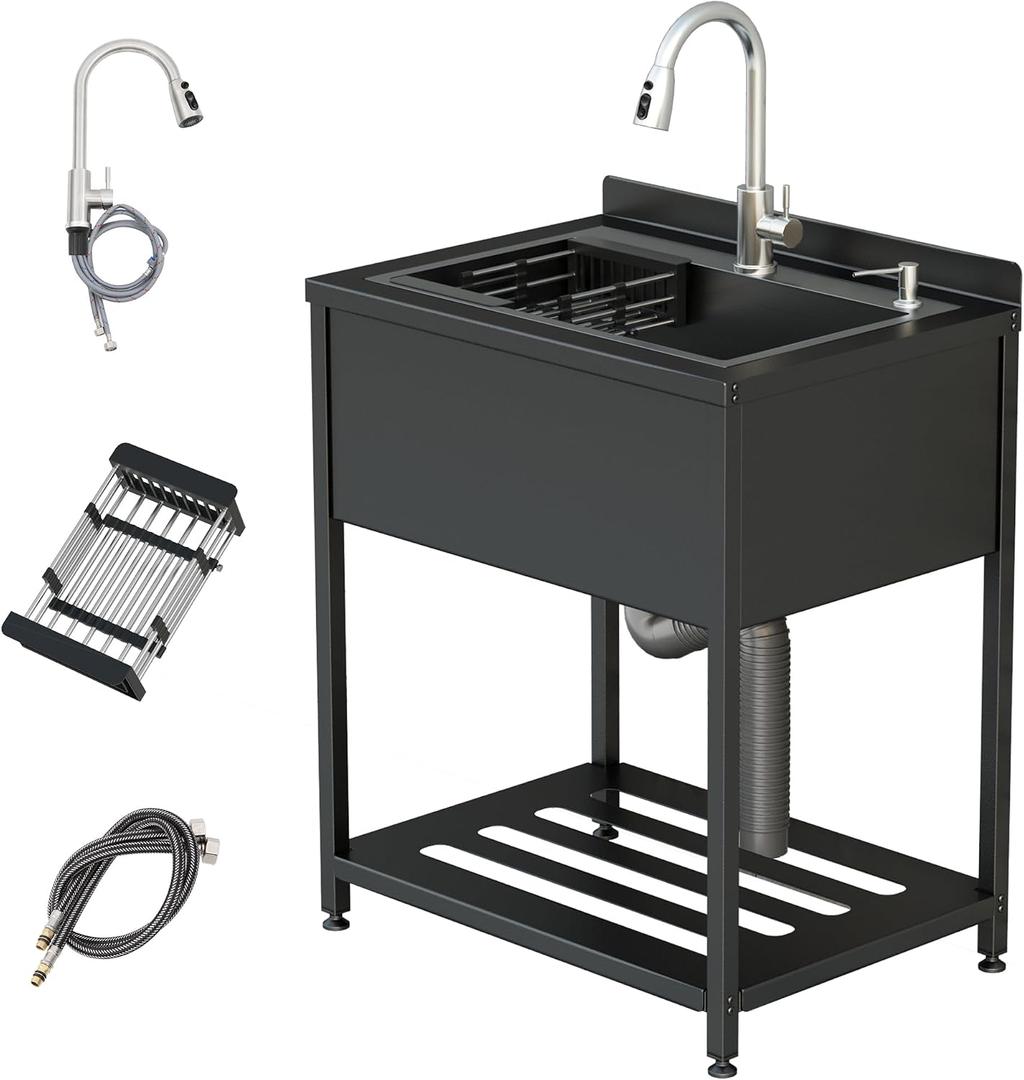 Stainless Steel Utility Sink, 25.7" × 20.7" × 39.5"Freestanding Sink with Cold and Hot Water Faucet,Hoses and Drain Kit for Kitchens, Bathrooms, Garage, Laundry Room