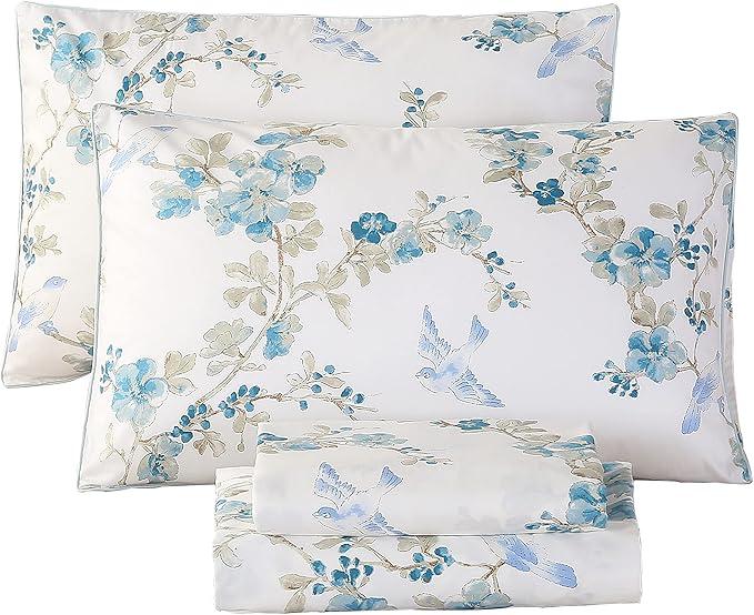 Luxury Sheets Set Queen Egyptian Percale Cotton Blue Floral Sheets Soft Smooth Breathable Bed Sheet Set with Deep Pocket (2Pcs, Queen Size, Blue Plum Bloosom)