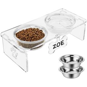 Clear Acrylic Elevated Dog Bowls with Writable Name Signs - 2×32oz Thick Glass & 2×Stainless Steel Bowls, 5.5" Height Raised Pet Feeder Stand, Food and Water Bowl Set for Medium Dogs