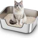 Stainless Steel Cat Litter Box with Low Entry, Metal Kitty Litter Box for Senior or Injured Cats, Odor-Free, Non-Stick, Easy to Clean, 17.5"x13.6"x5.9", Litter Pan for Medium and Small Cats (Silver)