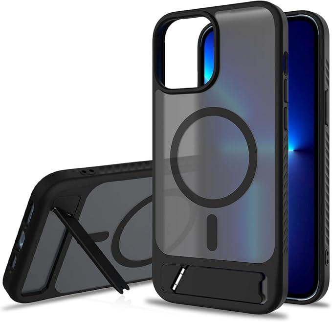 Magnetic Frosted Translucent Phone Case for iPhone 13 Pro Max/12 Pro Max, Compatible with MagSafe, Shockproof Military-Grade Protection with Built-in Invisible Kickstand (Black)
