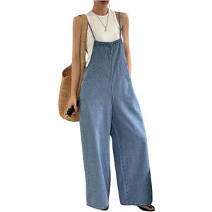 RoseSeek Women's One Piece Sleeveless Wide Leg Denim Jumpsuit Y2K Casual Bow Backless Loose Jean Overalls Dark Wash X-Large