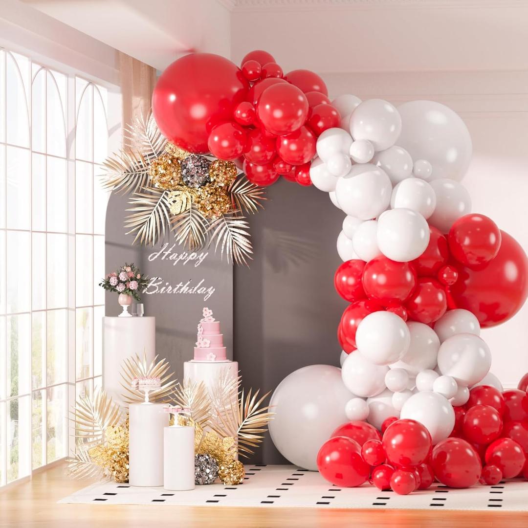 130pcs Red and White Balloons Garland Arch Kit, 18 12 10 5 Inch Different Sizes Pack Red White Latex Balloon for Wedding Baby Shower Birthday Christmas Party Garland Decoration, Red And White
