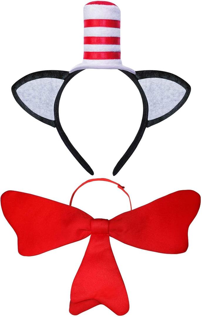 Cat Ears Headband with Red Stovepipe Hat,Cat Costume Set for Kids Adults Halloween Accessories Party Favors