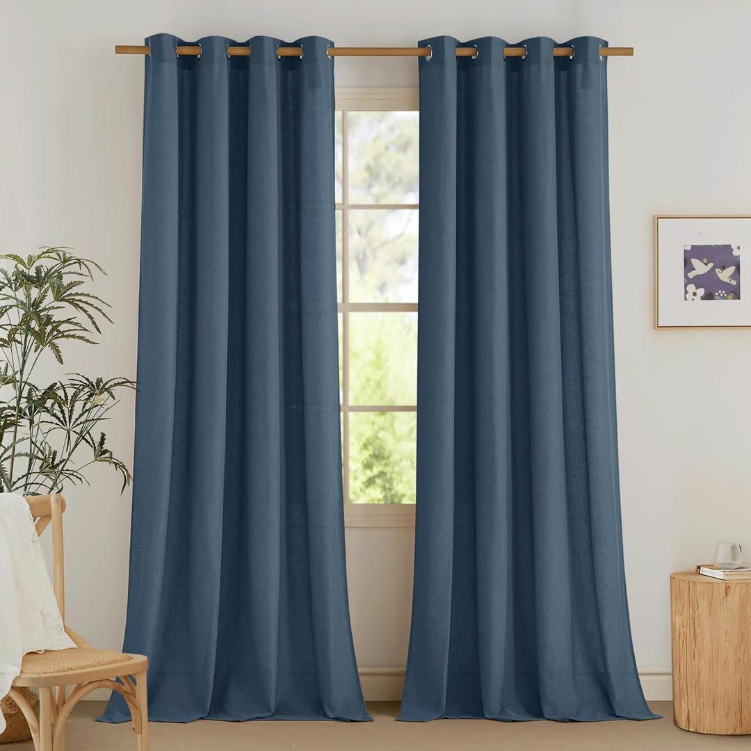 NICETOWN Semi Sheer Flax Linen Navy Blue Curtains 96 inches Long, Grommet Thick Linen Curtains Privacy Added with Light Filtering Window Treatments for Bedroom, W55 x L96, 2 Panels