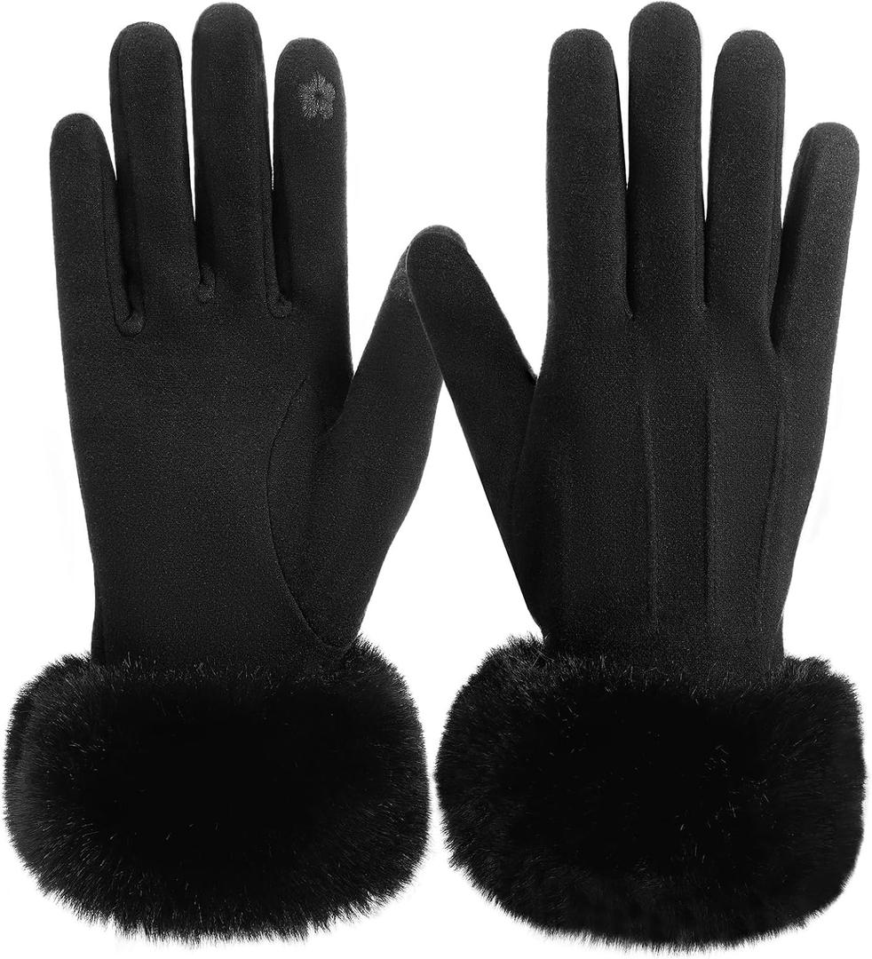 Tavaleu Winter Gloves for Women with Faux Fur Cuff, Thermal Glove with Touchscreen, Knit Lining Warm Gloves for Cold Weather (Black)