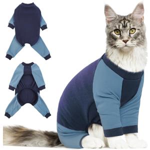 DENTRUN Cat Recovery Suit, Kitten Hair Sticky Onesie, Surgical Cone Alternative Shirts for Female Male Cat After Surgery, Cat Shedding Control Clothes Pajama Apparel for Cats Only (Large, Blue)