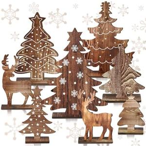 Barydat 8 Pcs Christmas Table Decorations Wooden Christmas Pine Tree Reindeer Table Centerpiece Xmas Winter Tabletop Signs Rustic Farmhouse Decor for Home Office Desk Party Favors (Rustic)
