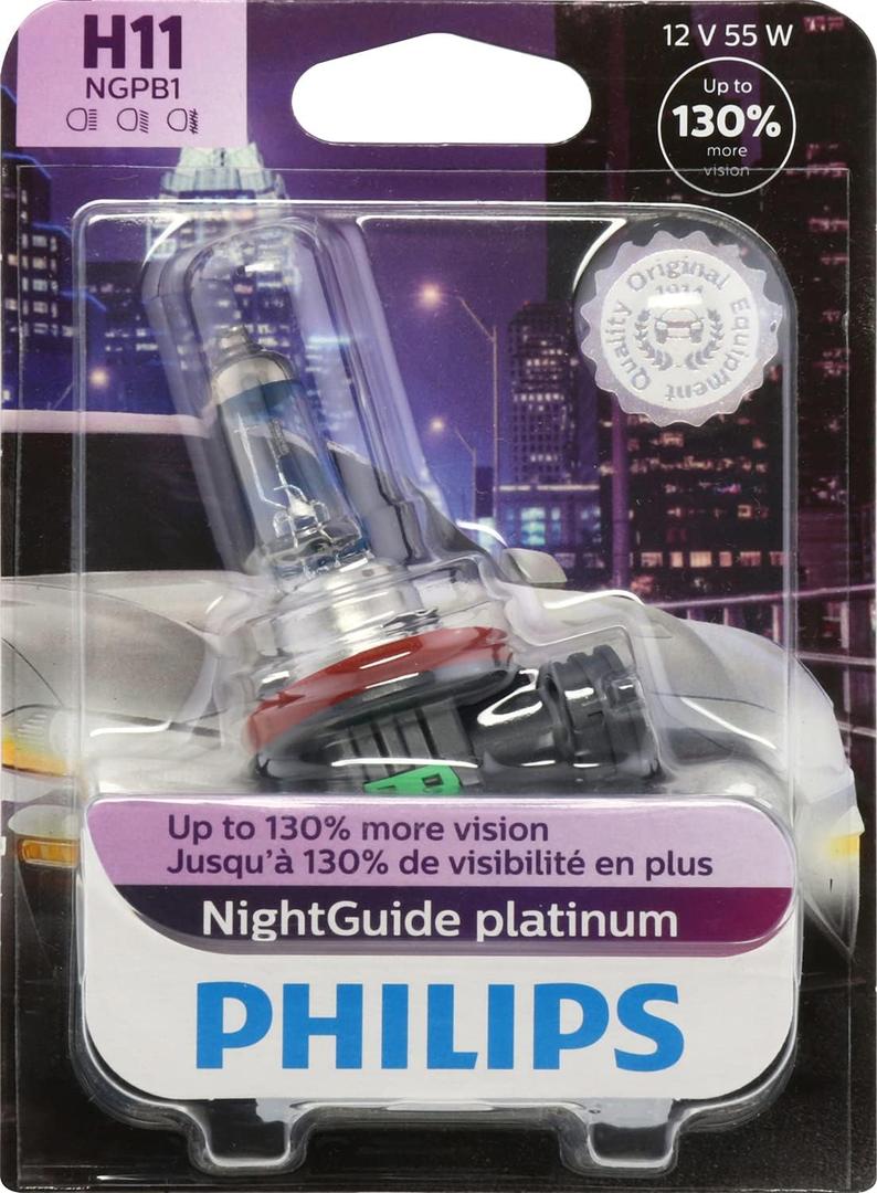 Philips Automotive Lighting H11 NightGuide Platinum Premium Upgrade Automotive Replacement Headlight Bulb, for High Beam, Low Beam, and Fog Positions (Pack of 1) (Clear)