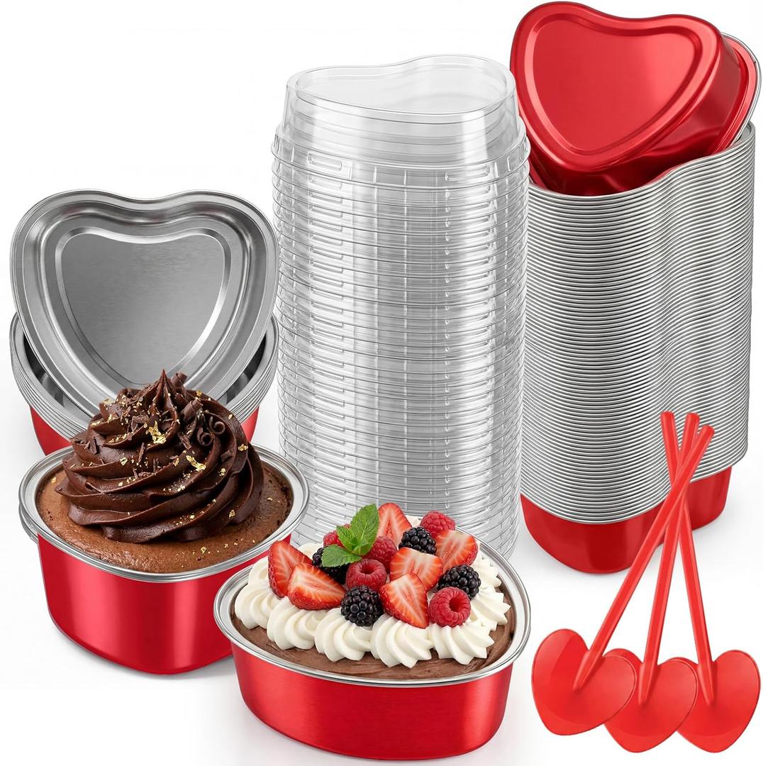 60 Set 3.4 oz Heart Shaped Cake Pans with Lids Spoons for Baking Aluminum Foil Cupcake Cups Disposable Mini Plastic Spoons Heart Containers for Valentine's Day Wedding Birthday Party (Red)