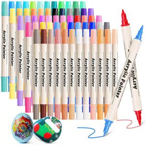 60 Colors Dual Tip Acrylic Paint Pens Markers Dual Tip Markers Art Canvas Kit Paint Brushes for Canvas Painting Drawing Graffiti Waterproof and Colorfast