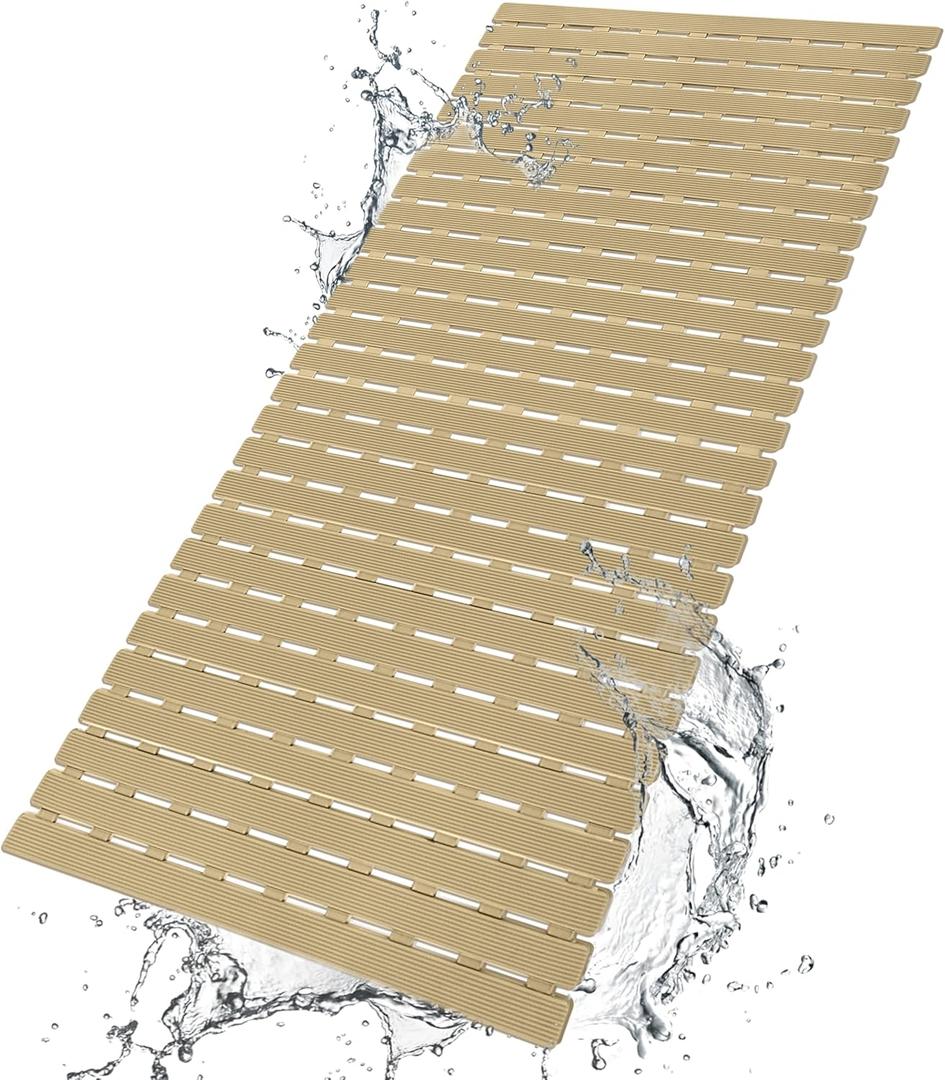 BEMISO Shower Mat Non Slip Bathtub Mat with Suction Cups and Drain Holes 37.4 x15.7 Inch Bath Mat for Tub & Shower.Easy Dry,Easy to Cut,Eco-Friendly (Brown)