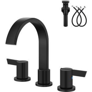 Aolemi Bathroom Faucets 3 Hole,8 Inch Widespread Waterfall Bathroom Sink Faucet,2 Handles Vanity Faucet with Pop-up Drain and Supply Hose,Matte Black