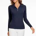 Women's 2024 Fall Quarter Zip Lapel V Neck Long Sleeve Ribbed Knit Casual Slim Pullover Sweater Tops (Blue, S)