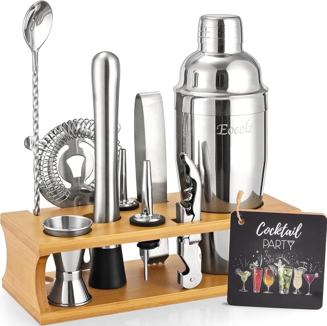 Bartender Kit Cocktail Shaker Set with Stand Bar Tool Bar Set for Drink Mixing Home Bartending Kit 11-Piece Bar Cart Accessories: Martini Shaker, Mixer Spoon, Jigger, Muddler, Strainer & Recipes Gifts (Burlywood Silver - 11pcs)