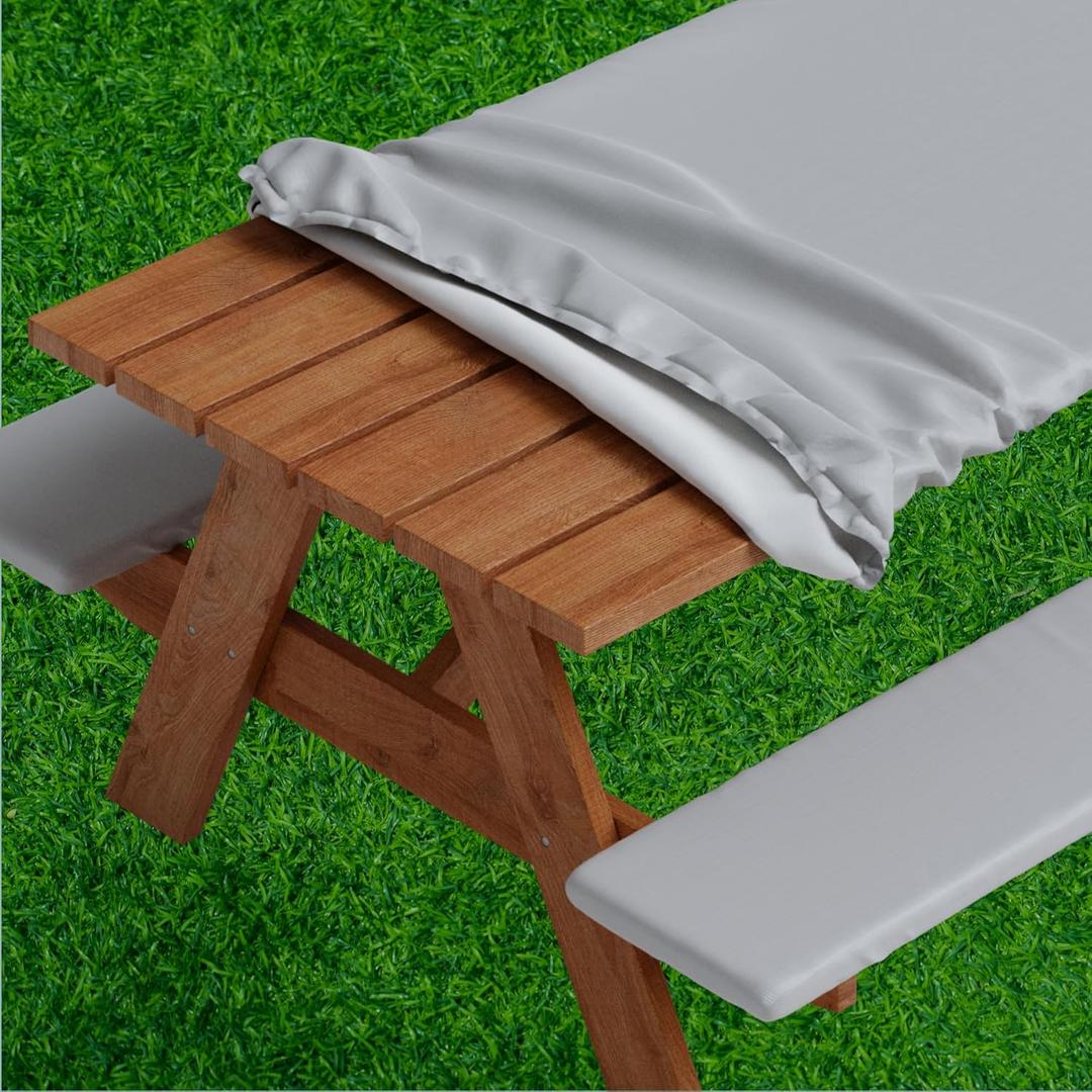 Sorfey Picnic Table Cover with Bench Covers -Fitted with Elastic, Vinyl with Flannel Back, Fits for Table 30"x 60" Rectangle, Water Proof, Solid Grey Design
