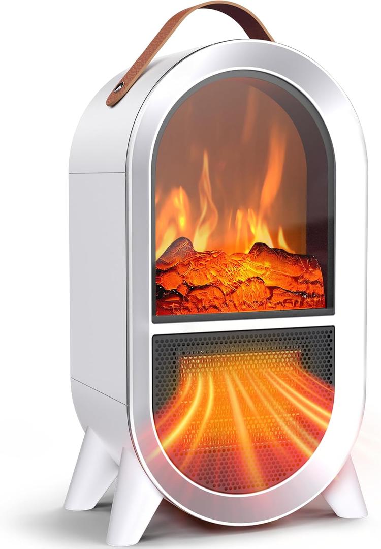 Riseon Portable Electric Fireplace Heater, 1500W/750W Mini Space Heater for Indoor Use with 3D Flame, Thermostat, Carry Handle, Overheat & Tipover Protection, for Home Office Bedroom Desk, White