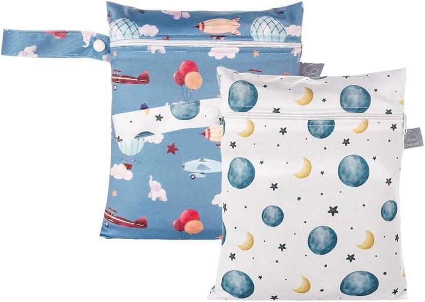 2pcs Waterproof Cloth Diaper GG Wet Dry Bags Travel, Beach, Pool, Daycare & More Ideal for Baby Essentials, Yoga, Gym, Wet Clothes (Graphic Print, Sky Airplane and Moon)