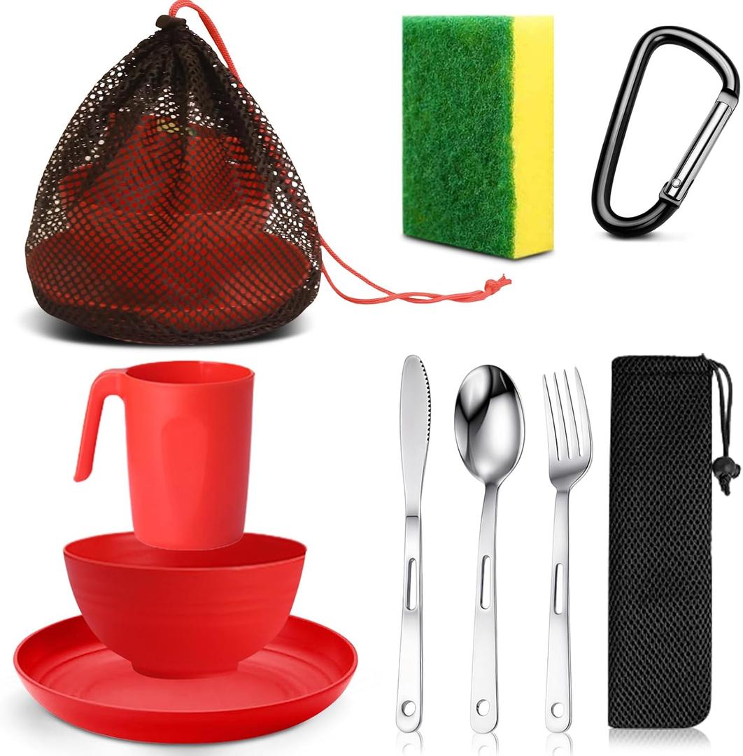 Scout Camping Mess Kit for Person Boy Scout Dishes Set Girl Scout Mess Kit with Mesh Bag Reusable Light Weight Eating Utensils Plastic Camping Cutlery Set for Travel Camp