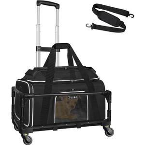 Petskd Top-Expandable Small Pet Carrier with Wheels(18" L x 11" W x 11" H), Delta/American/United Airlines Approved, Rolling Pet Carrier for Small Dogs & Cats (Black)