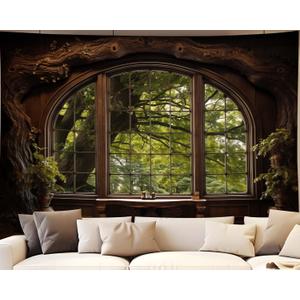 QGHOT Forest Window Tapestry, Nature Outdoor Tapestry Wall Hanging Woodland Scene Large Wall Mural for Bedroom Living Room Office Decor 78.7" L x 104" W