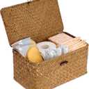 Sumnacon Wicker Basket with Lid Rectangle Woven Baskets for Toiletries Tampon Storage,Wicker Storage Basket with Lid,Decorative Seagrass Storage Baskets for Shelf Bathroom Toilet Table, Caramel