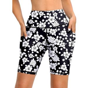 Blouty Women's 5''/7''/9'' Swim Shorts UPF 50+ High Waisted Board Shorts with Pockets Liner Quick Dry Swimsuit Bottoms (White Flower)